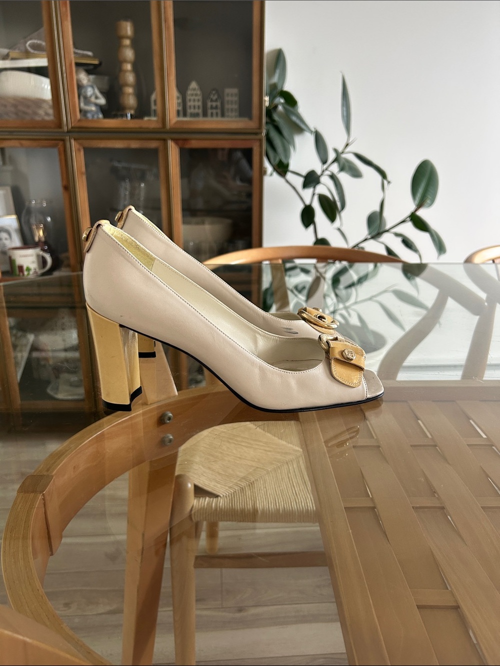 Vintage Stuart Weitzman Leather Cream Block Heel Pumps with Yellow Accent